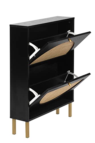 Natural Rattan Shoe Cabinet with 2 Flip Drawers, Black Free Standing Storage Racks with Metal Legs, Shoe Organizers Entrance Hallway for Heels, Boots, Slippers (Black)