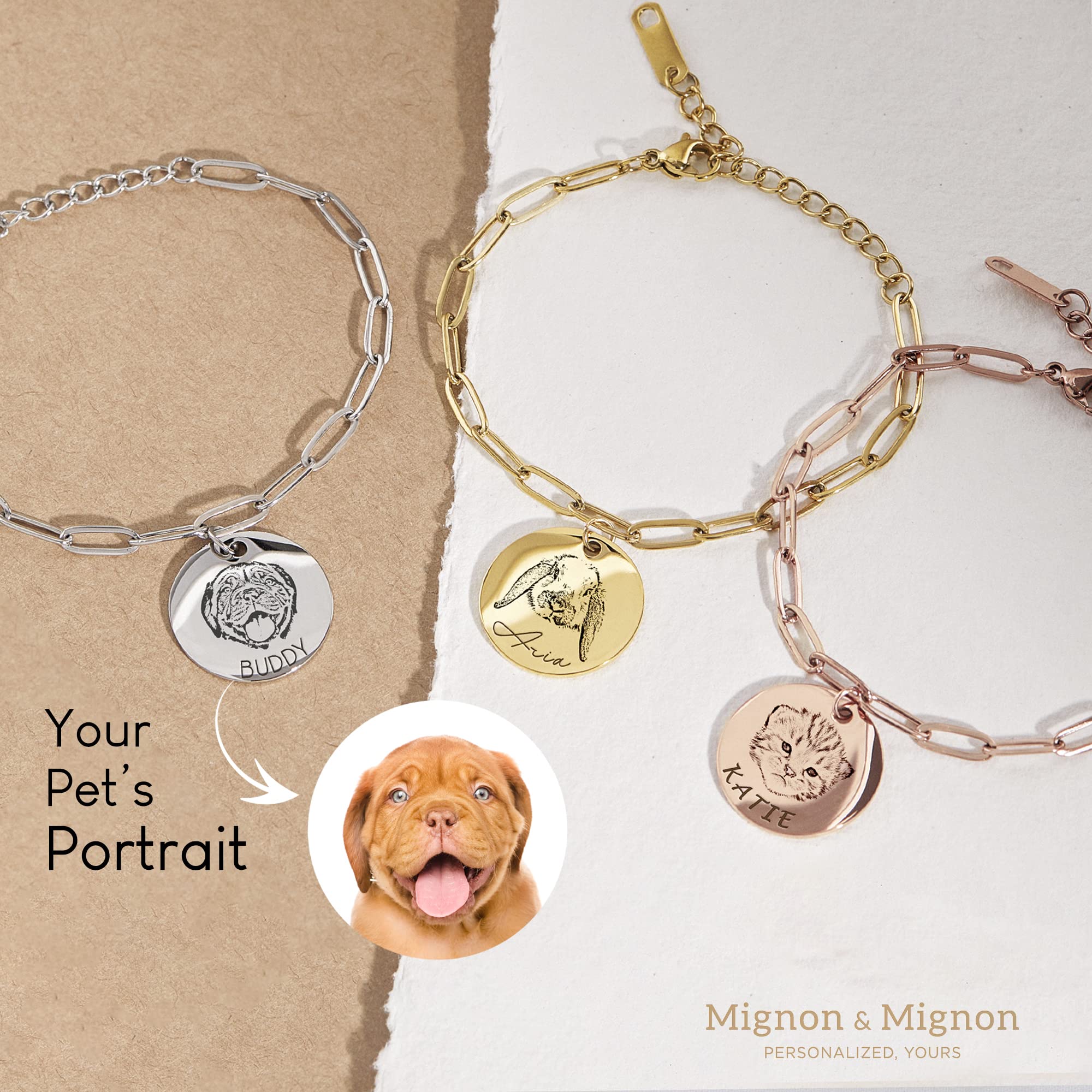 MignonandMignon Personalized Pet Portrait Engraved Bracelet Dog Memorial Jewelry Paperclip Chain Custom Birthday Idea for Animal LoverMultiple Disc Charm Mother's Day Gift -P-LCBR-AP