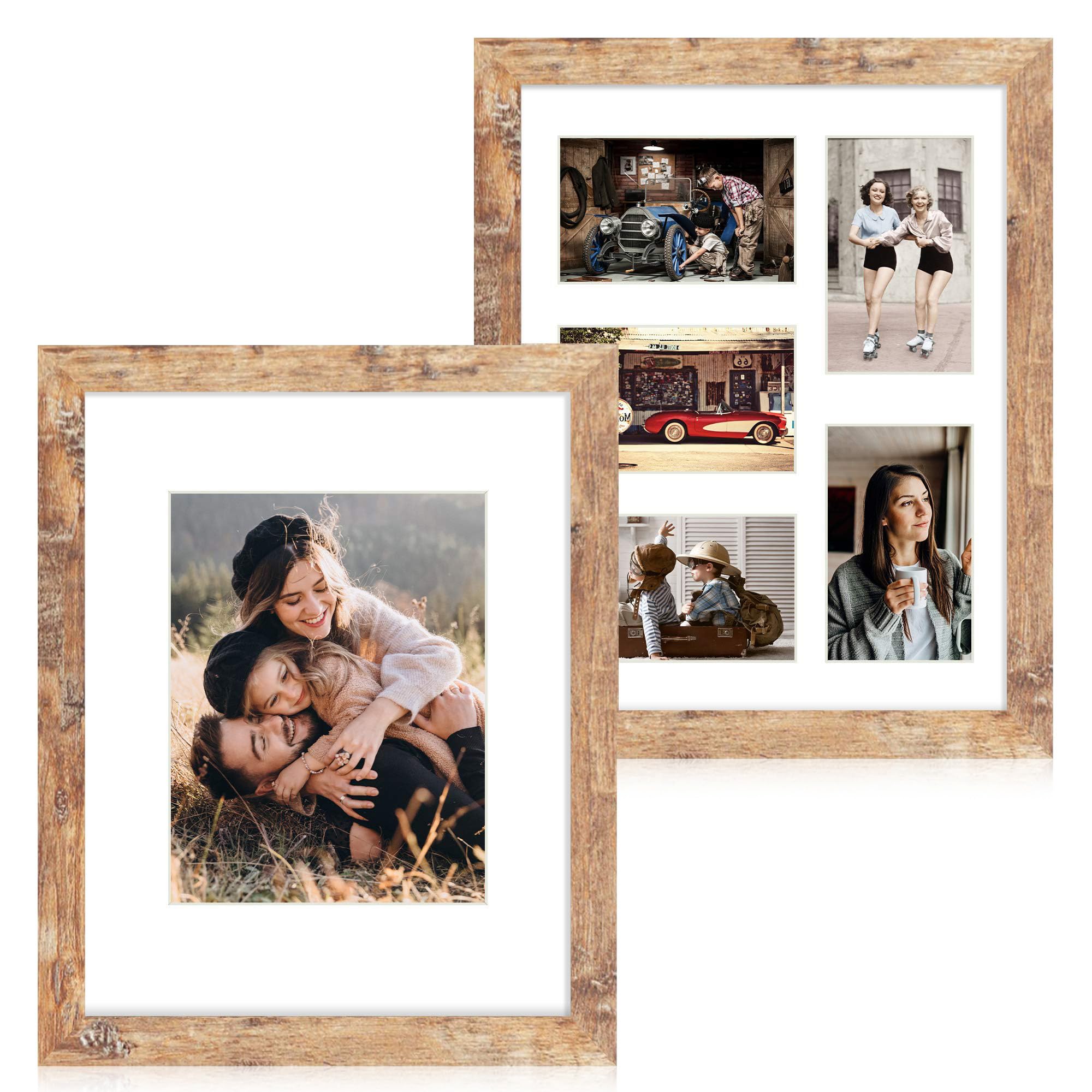 iRahmen 2 Pack 11x14 Picture Frames Rustic Brown, Each Frame with 2 Mats, Display 8x10 or Five 4x6 Photos with Mat & 11x14 Picture Without Mat for Wall Mount.