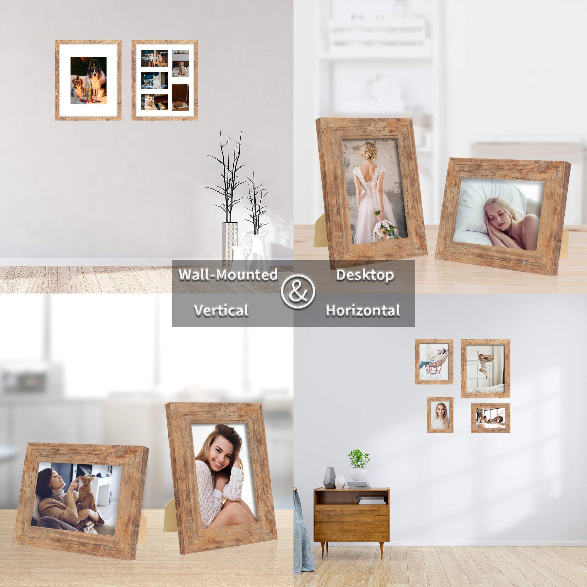 iRahmen 2 Pack 11x14 Picture Frames Rustic Brown, Each Frame with 2 Mats, Display 8x10 or Five 4x6 Photos with Mat & 11x14 Picture Without Mat for Wall Mount.