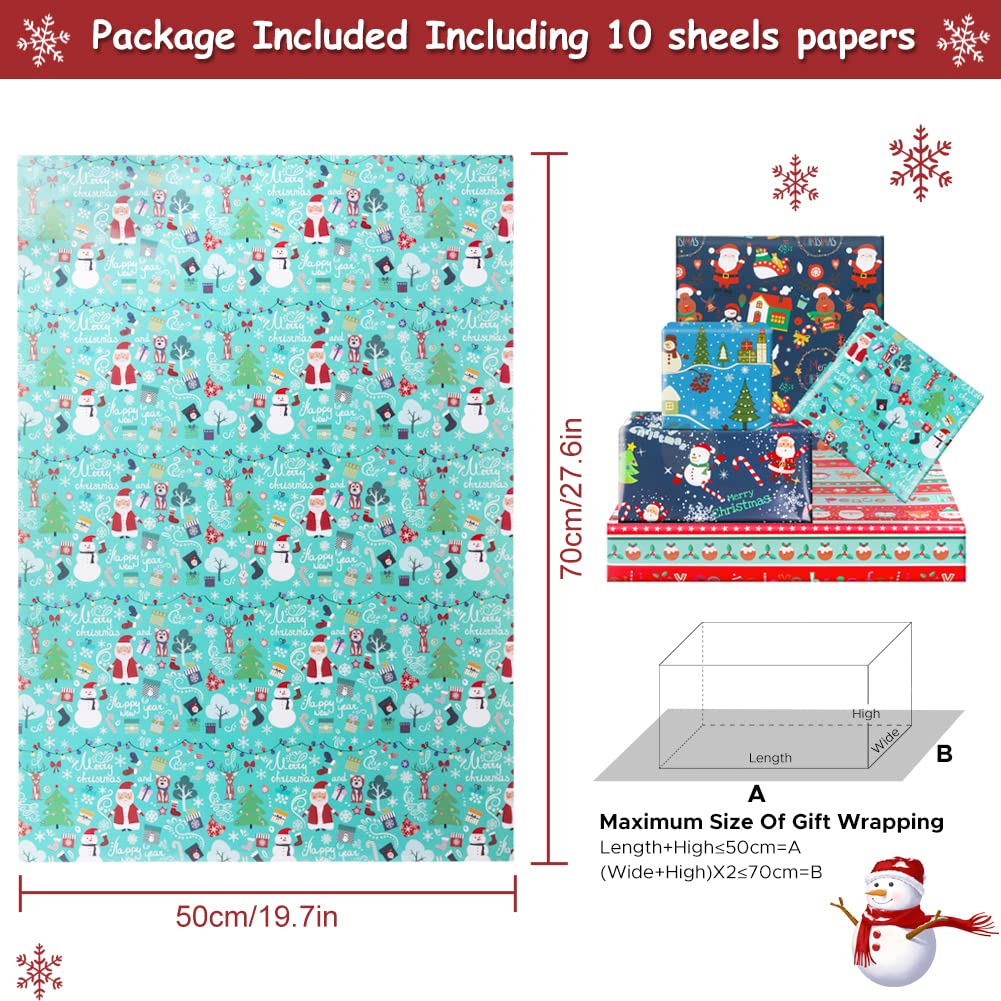 NEPOG Christmas Wrapping Paper, Xmas Wrapping Paper 10 Sheets in 5 Designs Folded Flat 20x28 Inches per Sheet, Santa Snowman Christmas Tree Snowflake Gift Wrap Set for Kids Girls Boys Family Friends