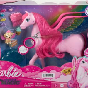 Barbie Doll Toys, Pegasus Pink Winged Horse Toy with 10 Accessories Including Puppy & Barrettes, Inspired A Touch of Magic