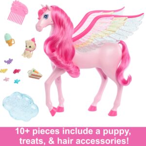 Barbie Doll Toys, Pegasus Pink Winged Horse Toy with 10 Accessories Including Puppy & Barrettes, Inspired A Touch of Magic