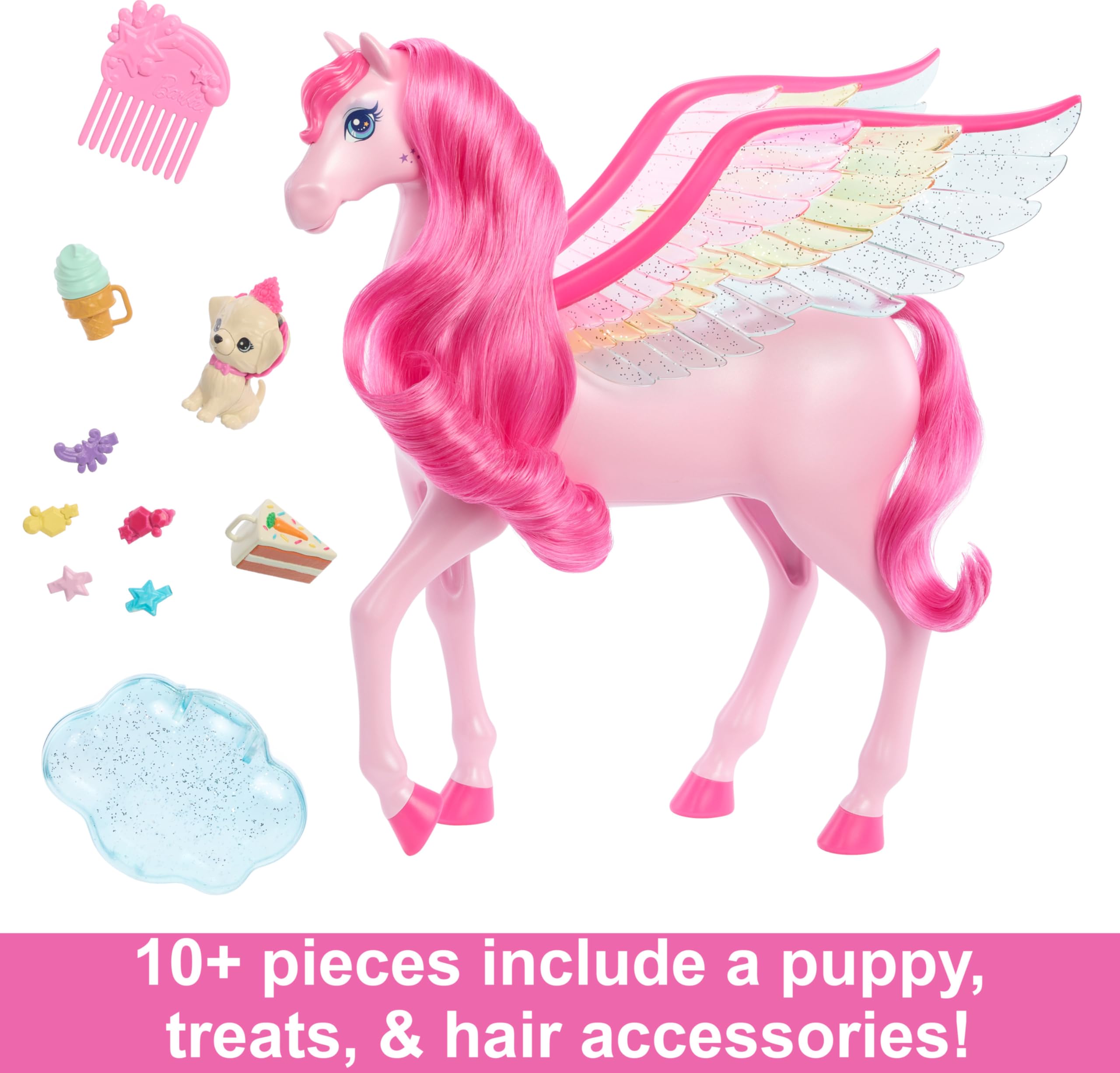 Barbie Doll Toys, Pegasus Pink Winged Horse Toy with 10 Accessories Including Puppy & Barrettes, Inspired A Touch of Magic