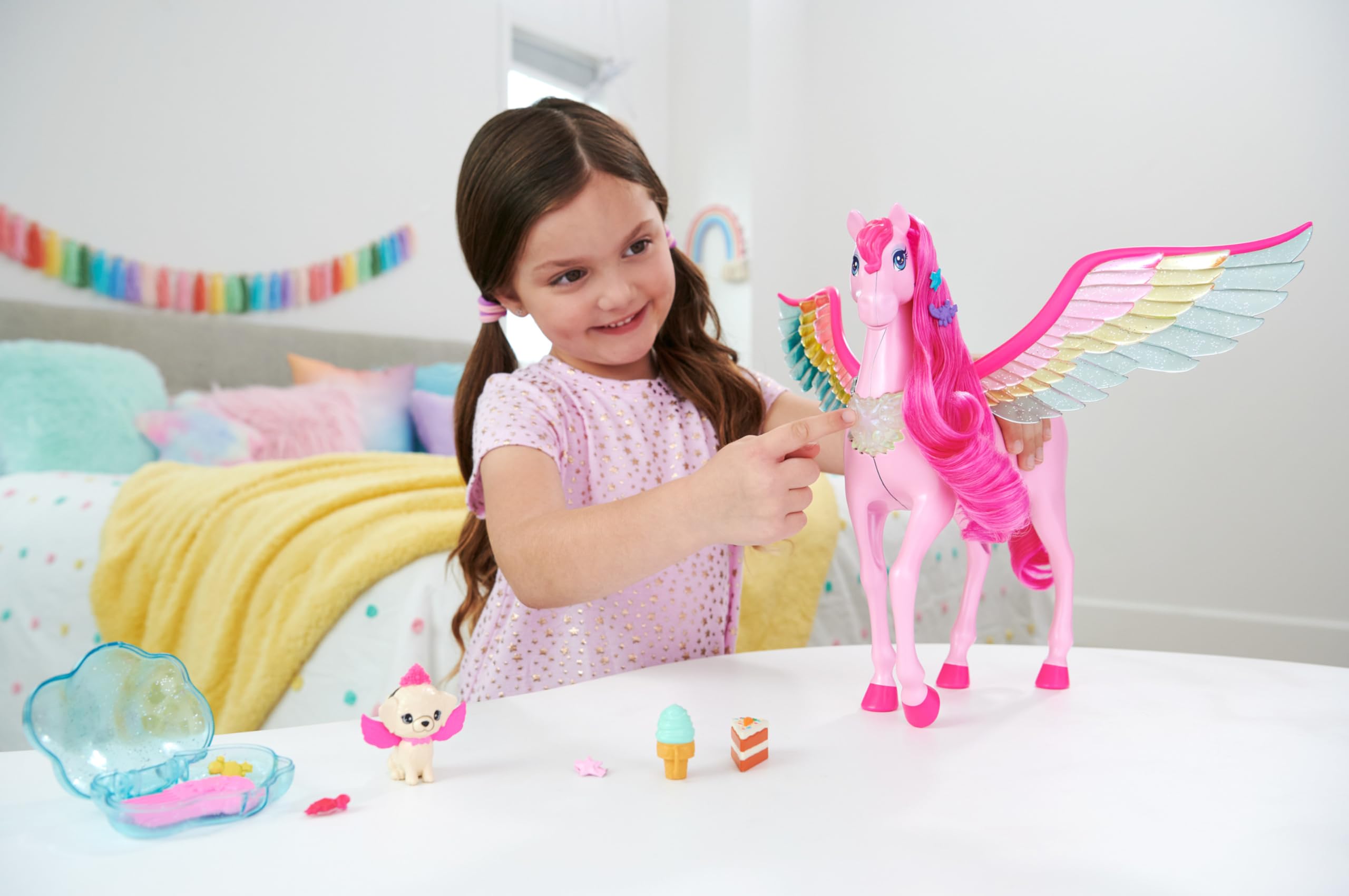 Barbie Doll Toys, Pegasus Pink Winged Horse Toy with 10 Accessories Including Puppy & Barrettes, Inspired A Touch of Magic