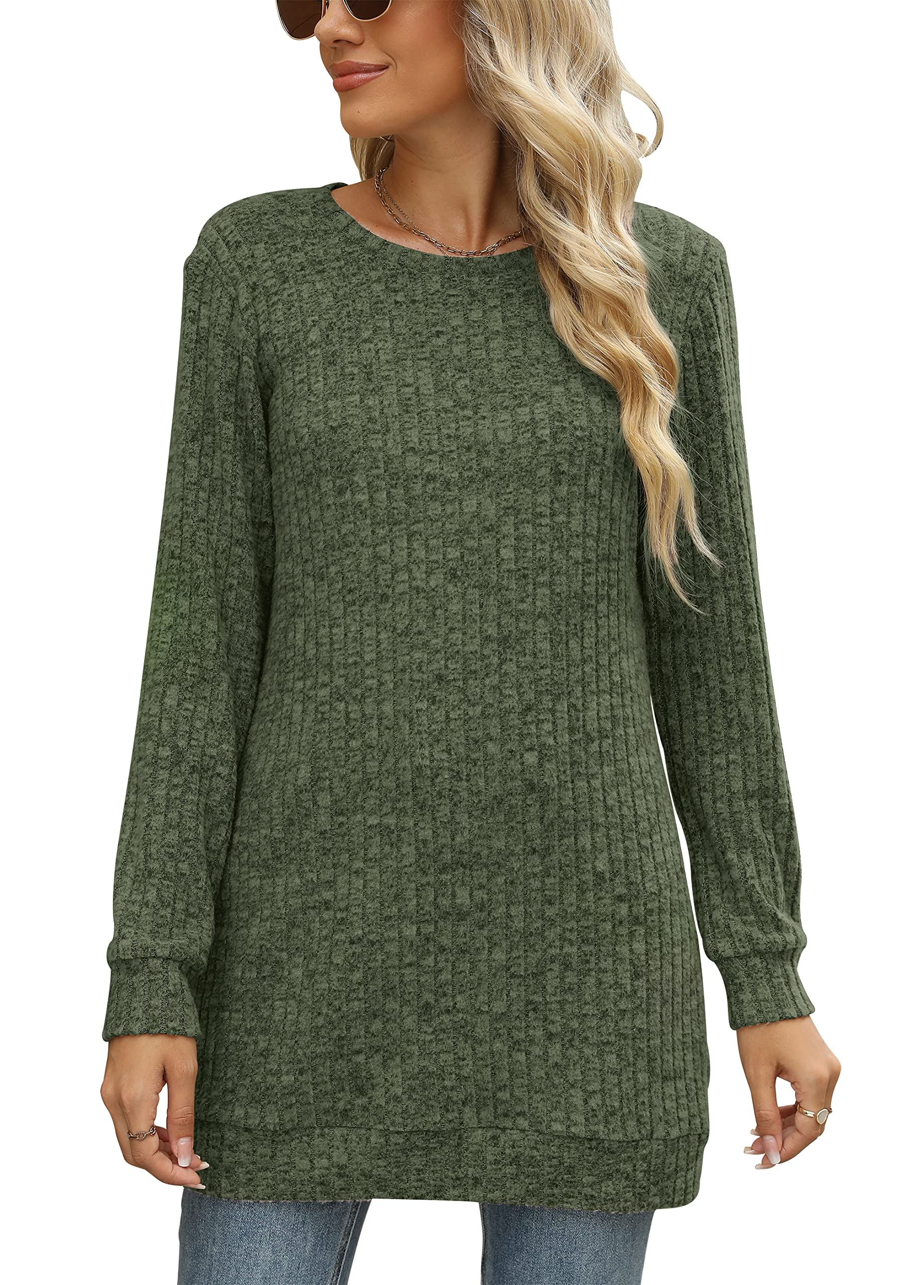 Auremore Fall Tops for Women Long Sleeve Crewneck Oversized Sweaters for Women Trendy Green