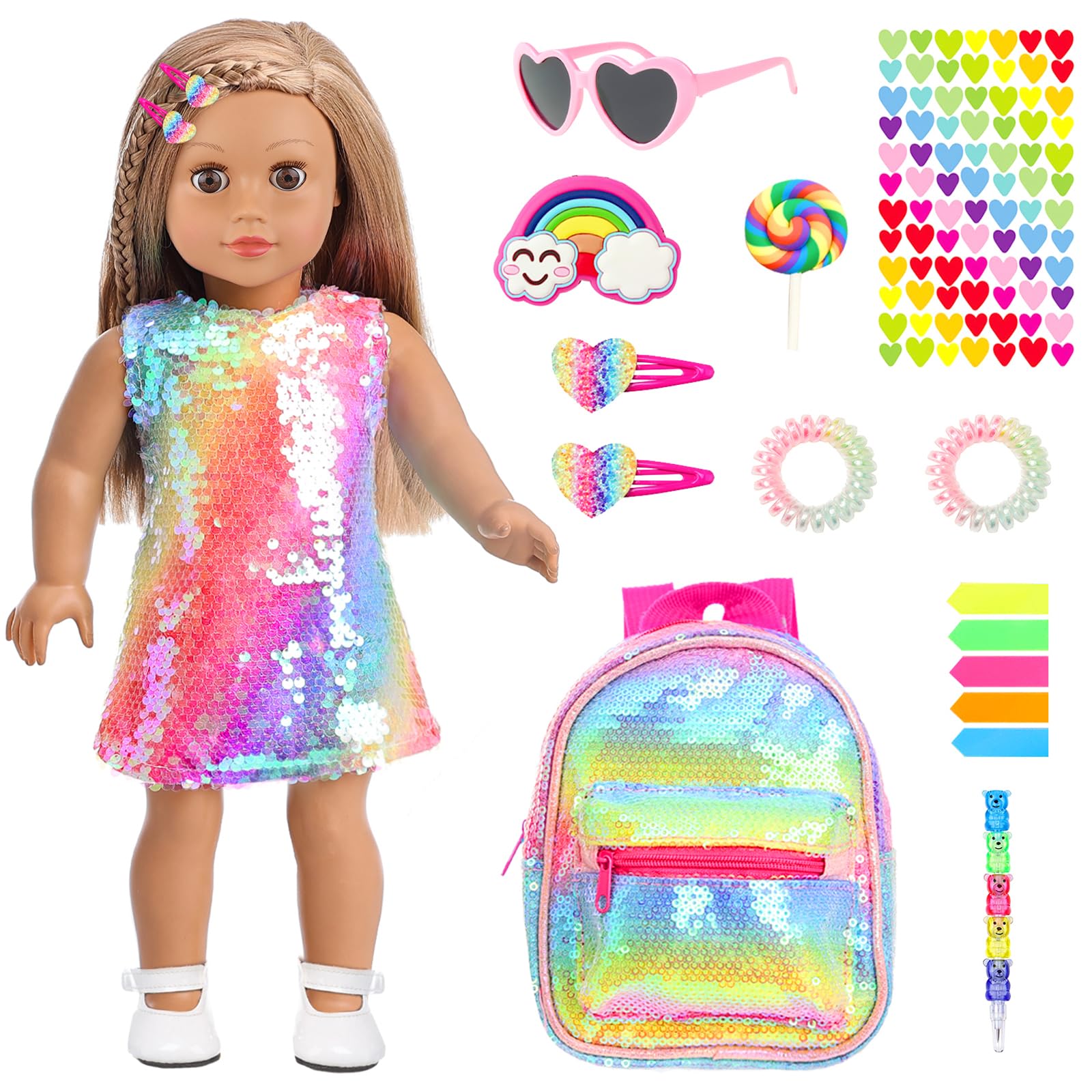 Unicorn Element 14 Pcs American 18 Inch Girl Doll Accessories School Supplies Set - Doll Backpack School Supplies Sunglasses and Other Stuff for My Our Life Generation Doll Accessories