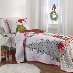 Franco Grinch by Dr. Seuss Holiday & Christmas Quilt Bedding Super Soft 2 Piece Pillow Sham and Quilt Set, Twin Size 68" x 86", (100% Officially Licensed Product)