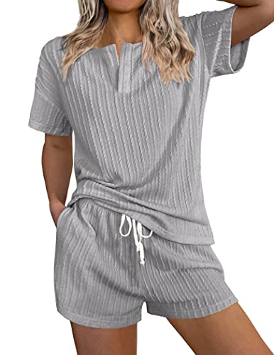 Ekouaer Ribbed Knit Lounge Sets for Women 2 Piece Outfits Short Sleeve Top and Shorts Pajama Sets Tracksuit Sweatsuits Grey