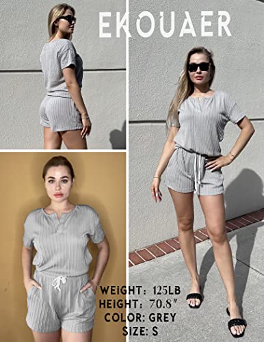 Ekouaer Ribbed Knit Lounge Sets for Women 2 Piece Outfits Short Sleeve Top and Shorts Pajama Sets Tracksuit Sweatsuits Grey