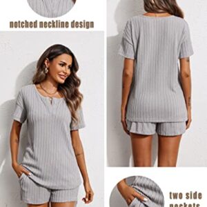 Ekouaer Ribbed Knit Lounge Sets for Women 2 Piece Outfits Short Sleeve Top and Shorts Pajama Sets Tracksuit Sweatsuits Grey