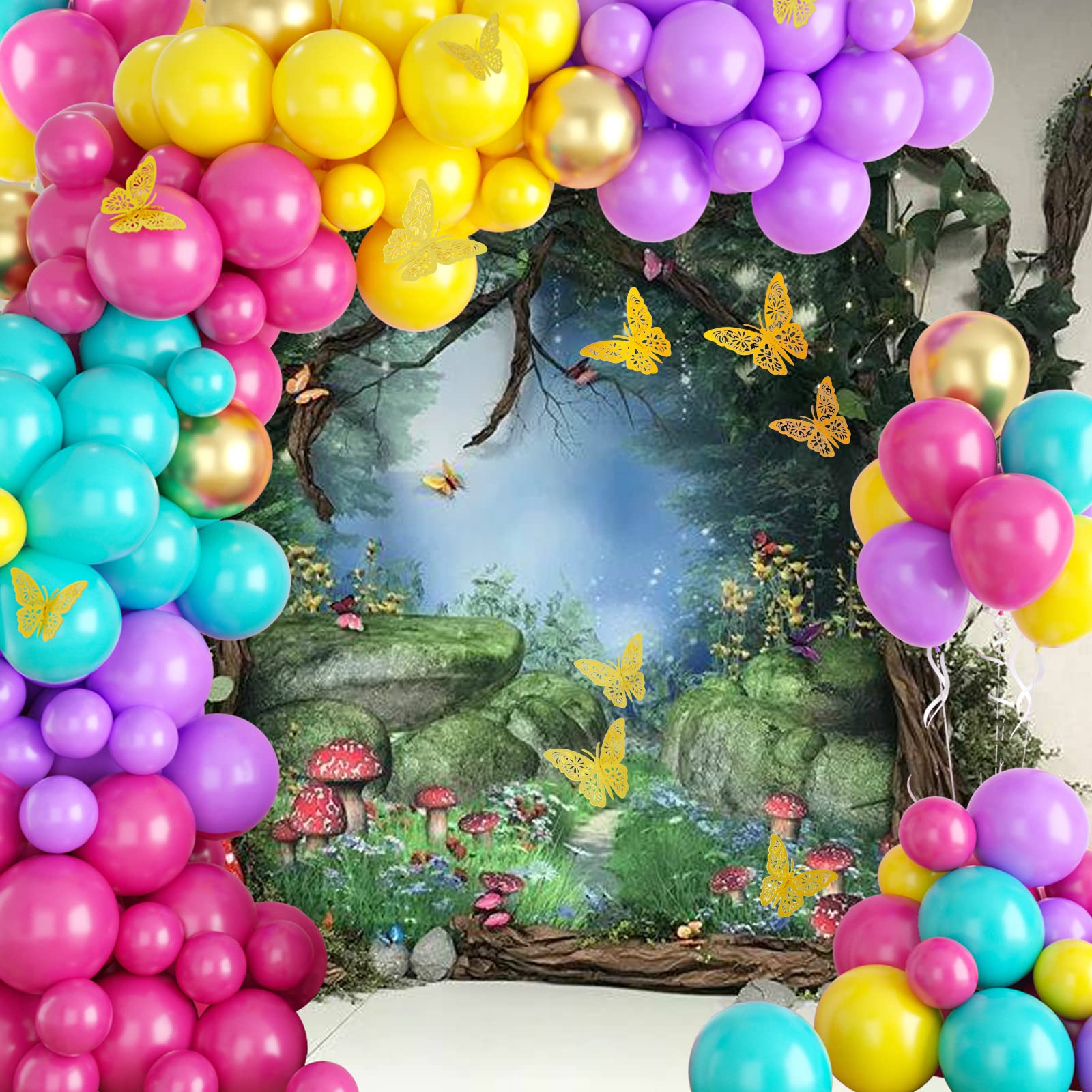 Magic Balloon Garland Arch Kit 103 Balloons Set Purple Blue Rose Red Yellow Gold Metallic Balloons 12Pcs Butterfly Stickers Decorations for Birthday Party Wedding Baby Shower Decor Supplies