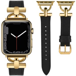 Wearlizer Leather Band Compatible with Apple Watch Band Women 42mm 44mm 45mm 49mm Ultra 2, Dressy Fancy Leather Strap Metal Buckle for iWatch Bands Series 9 8 SE 7 6 5 4 3 2 1 Black/Gold Buckle