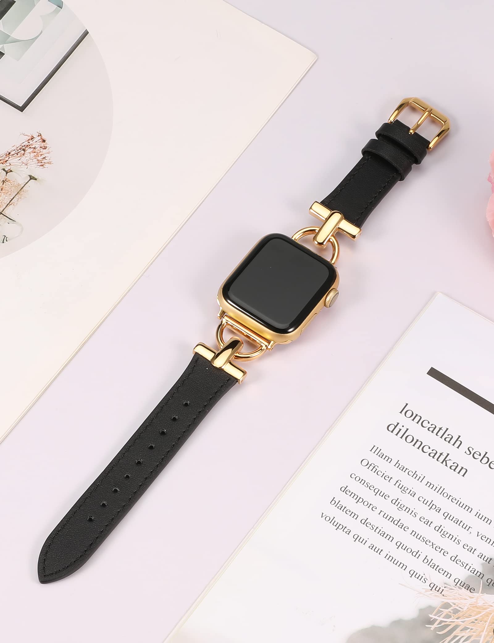 Wearlizer Leather Band Compatible with Apple Watch Band Women 42mm 44mm 45mm 49mm Ultra 2, Dressy Fancy Leather Strap Metal Buckle for iWatch Bands Series 9 8 SE 7 6 5 4 3 2 1 Black/Gold Buckle