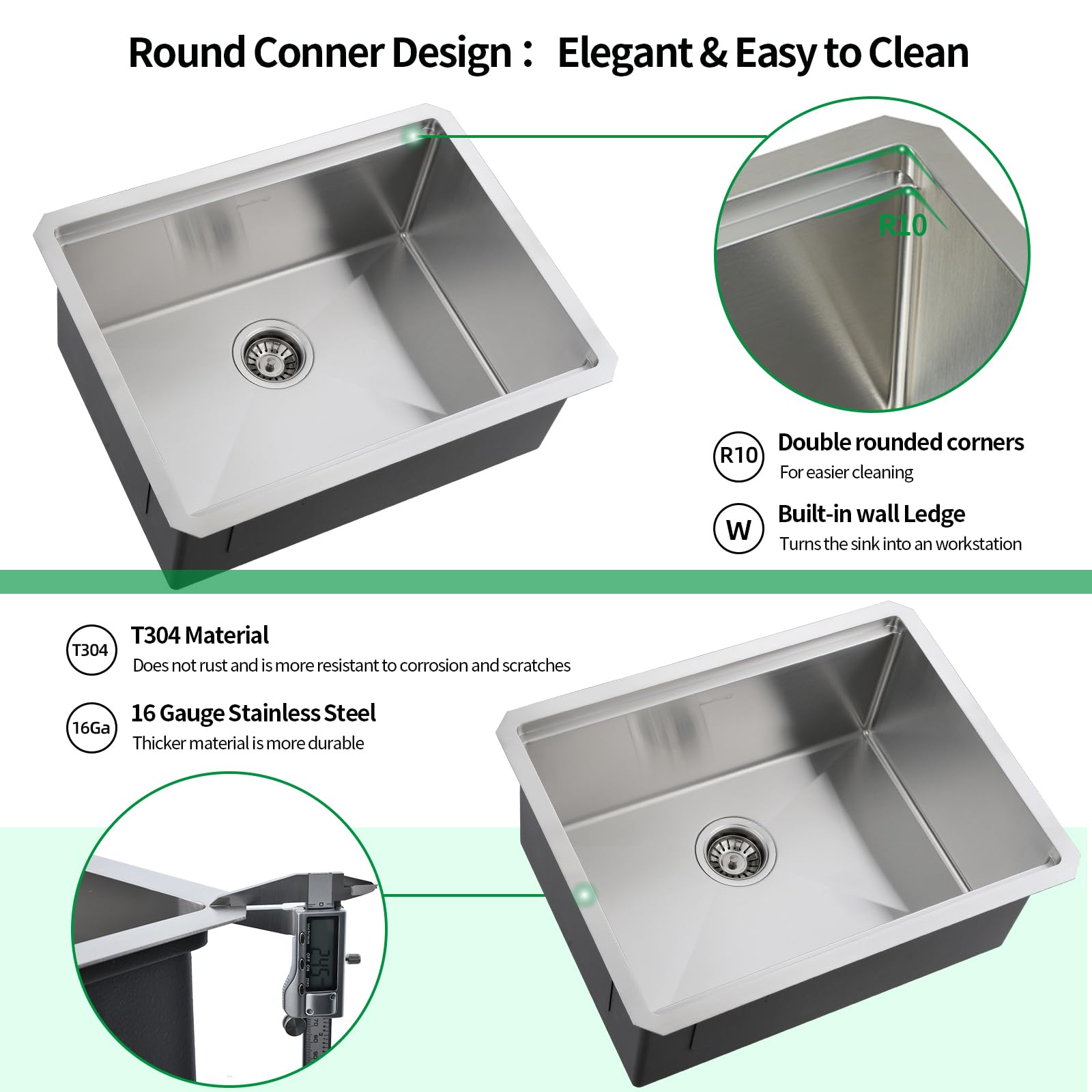 EcoChannels Undermount Kitchen Sink, 24 x 19 Inch Sink Kitchen 16 Gauge Stainless Steel Kitchen Sinks Single Bowl Workstation Sink with Cutting Board