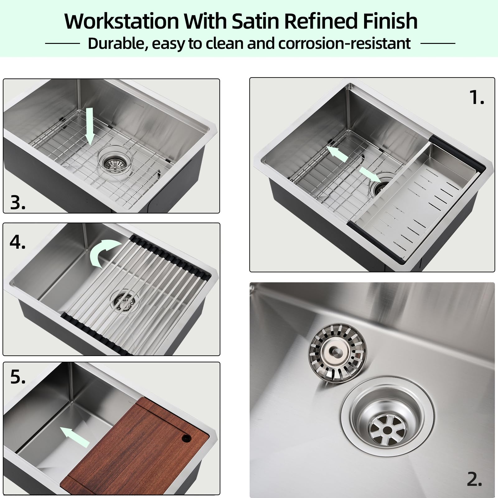 EcoChannels Undermount Kitchen Sink, 24 x 19 Inch Sink Kitchen 16 Gauge Stainless Steel Kitchen Sinks Single Bowl Workstation Sink with Cutting Board