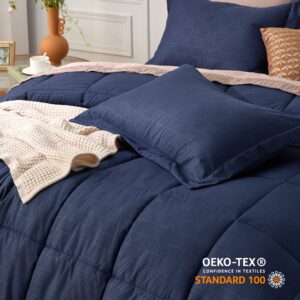 Bedsure Twin/Twin Extra Long Comforter Set - Navy Blue Basket Weave Down Alternative Comforter Set Twin/Twin XL Size, Lightweight All Season Bedding Set with 1 Pillow Sham