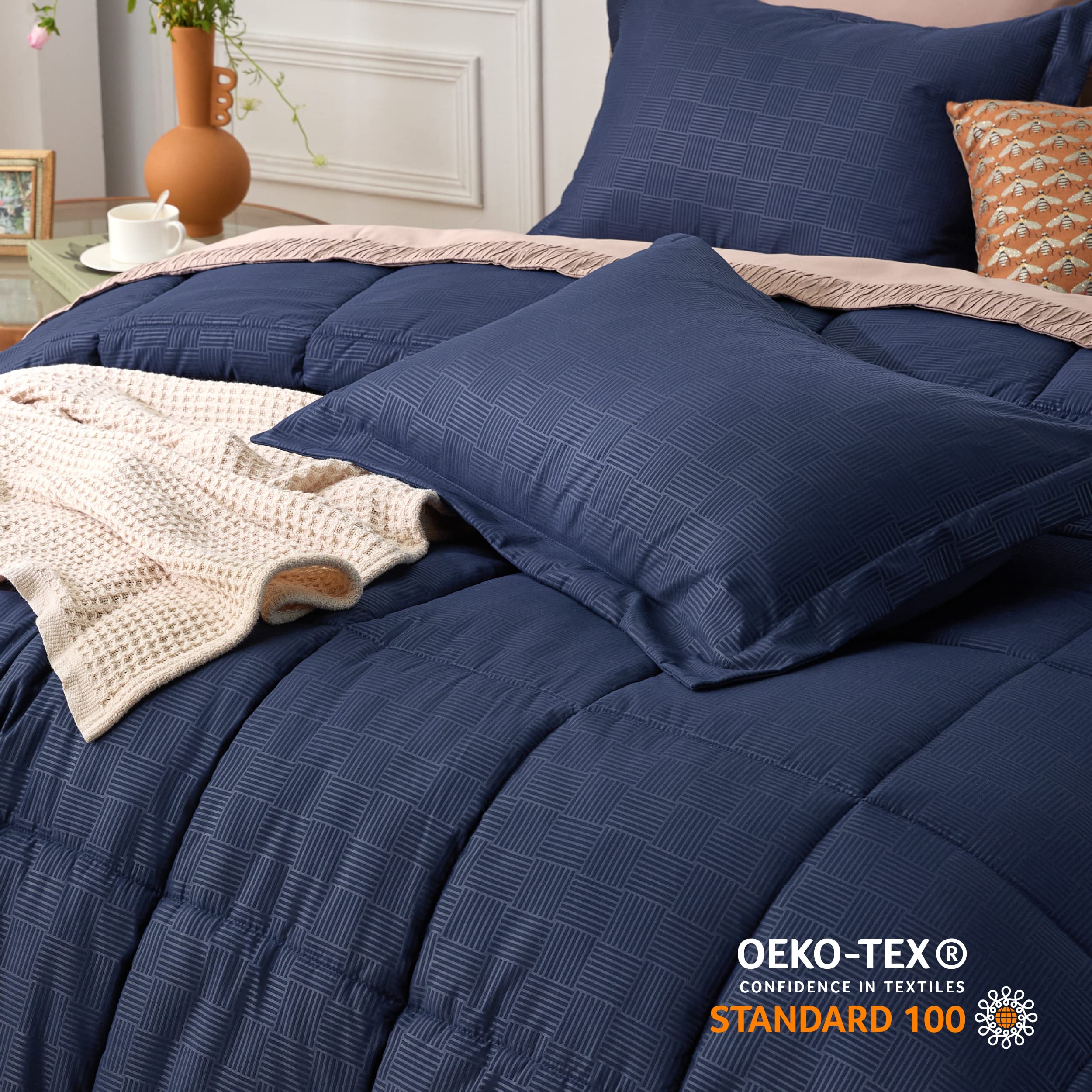 Bedsure Twin/Twin Extra Long Comforter Set - Navy Blue Basket Weave Down Alternative Comforter Set Twin/Twin XL Size, Lightweight All Season Bedding Set with 1 Pillow Sham