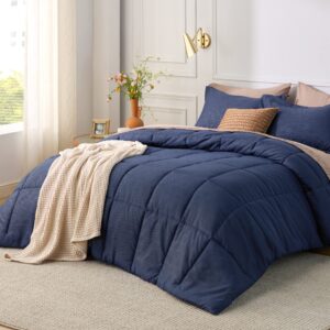 Bedsure Twin/Twin Extra Long Comforter Set - Navy Blue Basket Weave Down Alternative Comforter Set Twin/Twin XL Size, Lightweight All Season Bedding Set with 1 Pillow Sham