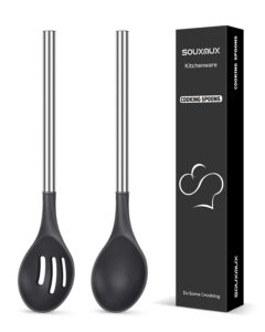 2 pcs silicone cooking spoons, solid and slotted spoon set, non-stick bpa free heat-resistant basting stainless steel handle kitchenware for cooking, soup, serving, draining, stirring (black)