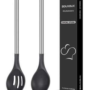 2 Pcs Silicone Cooking Spoons, Solid and Slotted Spoon Set, Non-Stick BPA Free Heat-Resistant Basting Stainless Steel Handle Kitchenware for Cooking, Soup, Serving, Draining, Stirring (black)