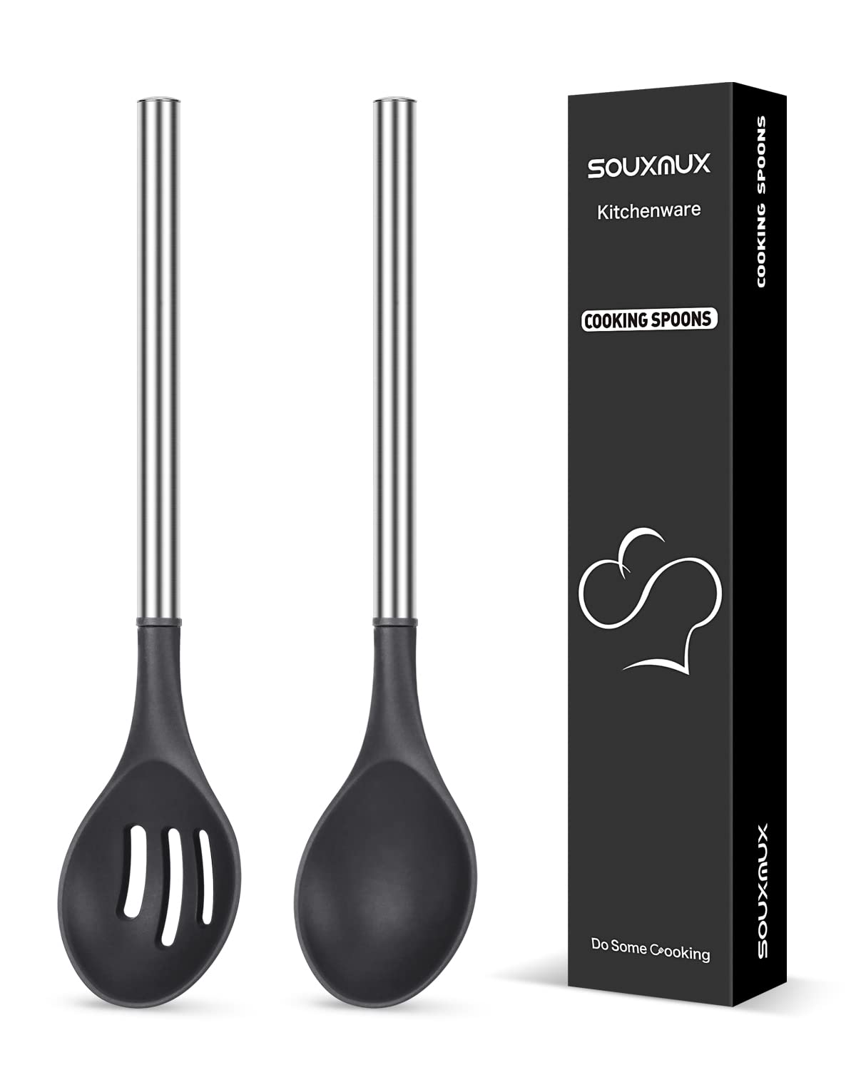 2 Pcs Silicone Cooking Spoons, Solid and Slotted Spoon Set, Non-Stick BPA Free Heat-Resistant Basting Stainless Steel Handle Kitchenware for Cooking, Soup, Serving, Draining, Stirring (black)