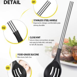 2 Pcs Silicone Cooking Spoons, Solid and Slotted Spoon Set, Non-Stick BPA Free Heat-Resistant Basting Stainless Steel Handle Kitchenware for Cooking, Soup, Serving, Draining, Stirring (black)