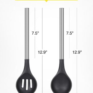 2 Pcs Silicone Cooking Spoons, Solid and Slotted Spoon Set, Non-Stick BPA Free Heat-Resistant Basting Stainless Steel Handle Kitchenware for Cooking, Soup, Serving, Draining, Stirring (black)