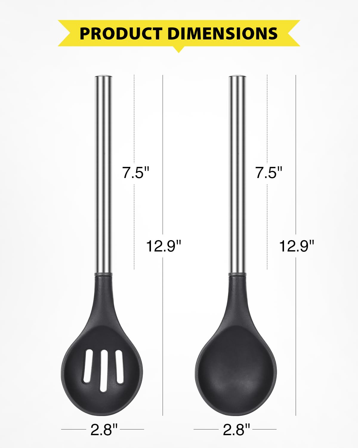 2 Pcs Silicone Cooking Spoons, Solid and Slotted Spoon Set, Non-Stick BPA Free Heat-Resistant Basting Stainless Steel Handle Kitchenware for Cooking, Soup, Serving, Draining, Stirring (black)