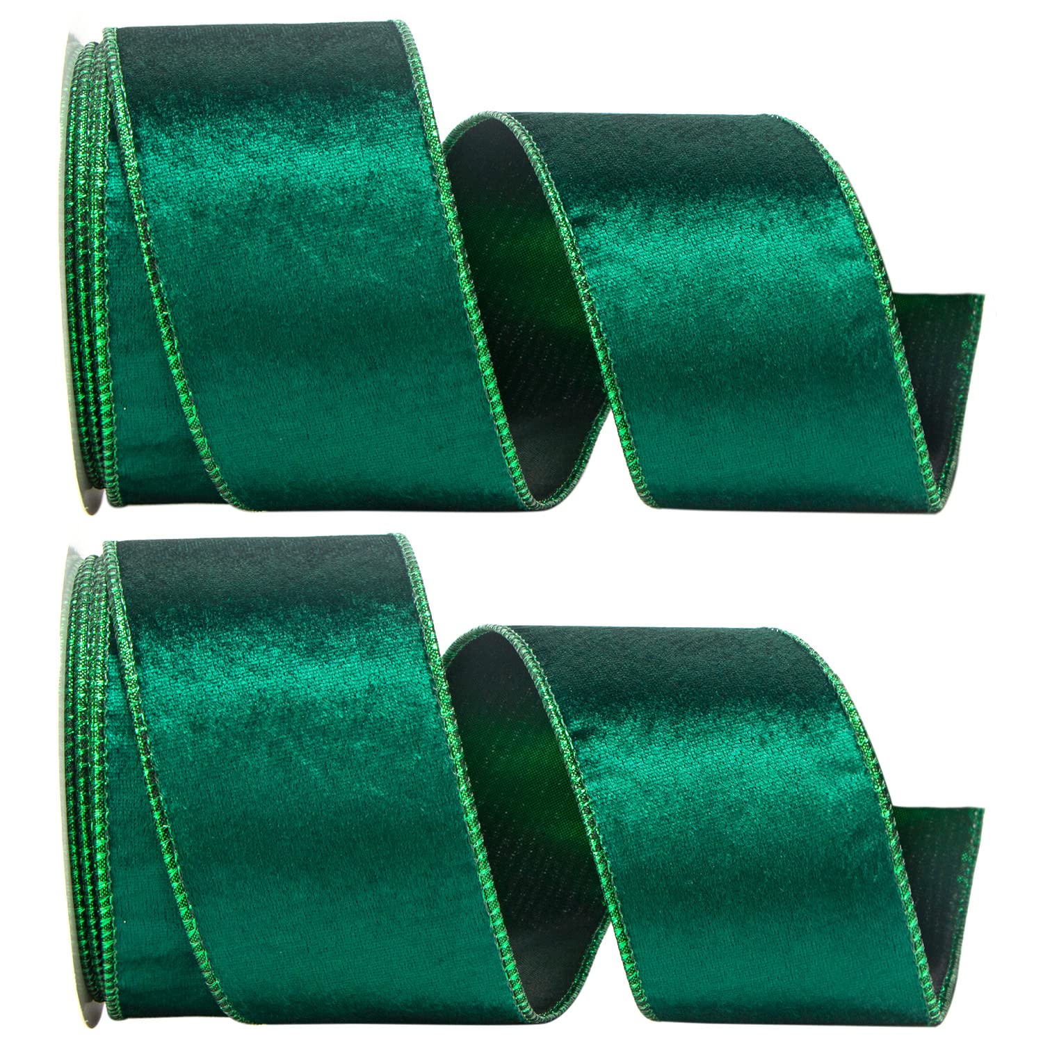 Ribbli Christmas Velvet Ribbon Wired-2 Rolls Green Velvet Ribbon 2.5 Inch Total 20 Yard,Velvet Wired Ribbon for Tree Decoration,Gift Wrapping,Topper Bow,Crafts and Wreaths