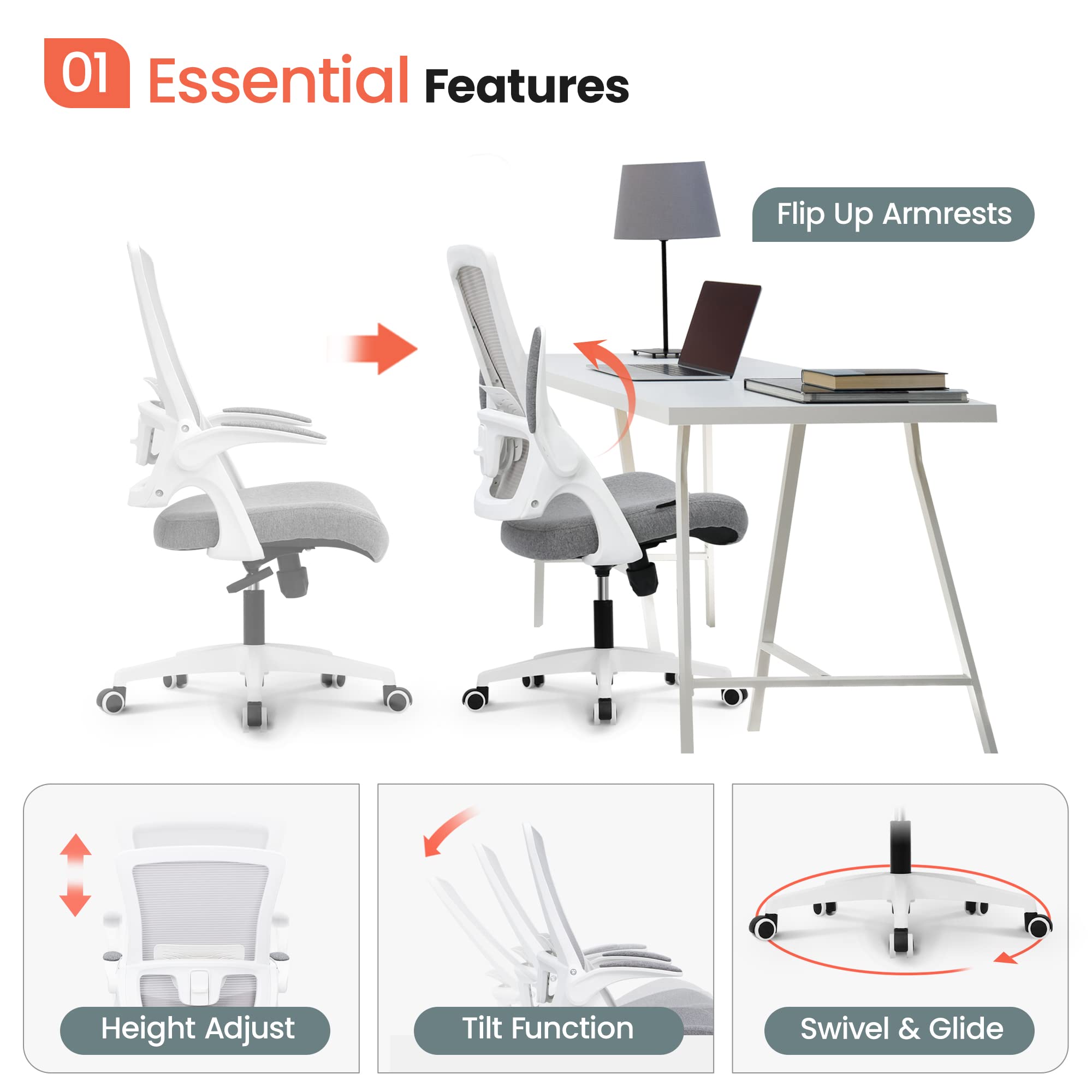 NEO CHAIR High Back Mesh Chair Adjustable Height and Ergonomic Design Home Office Computer Desk Chair Executive Lumbar Support Padded Flip-up Armrest Swivel Chair (Grey)