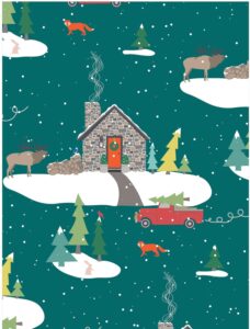 stone cabin holiday gift wrap paper - six flat folded sheets 19.5x27 inches, masculine christmas giftwrap with hunting cabin, truck, elk, fox