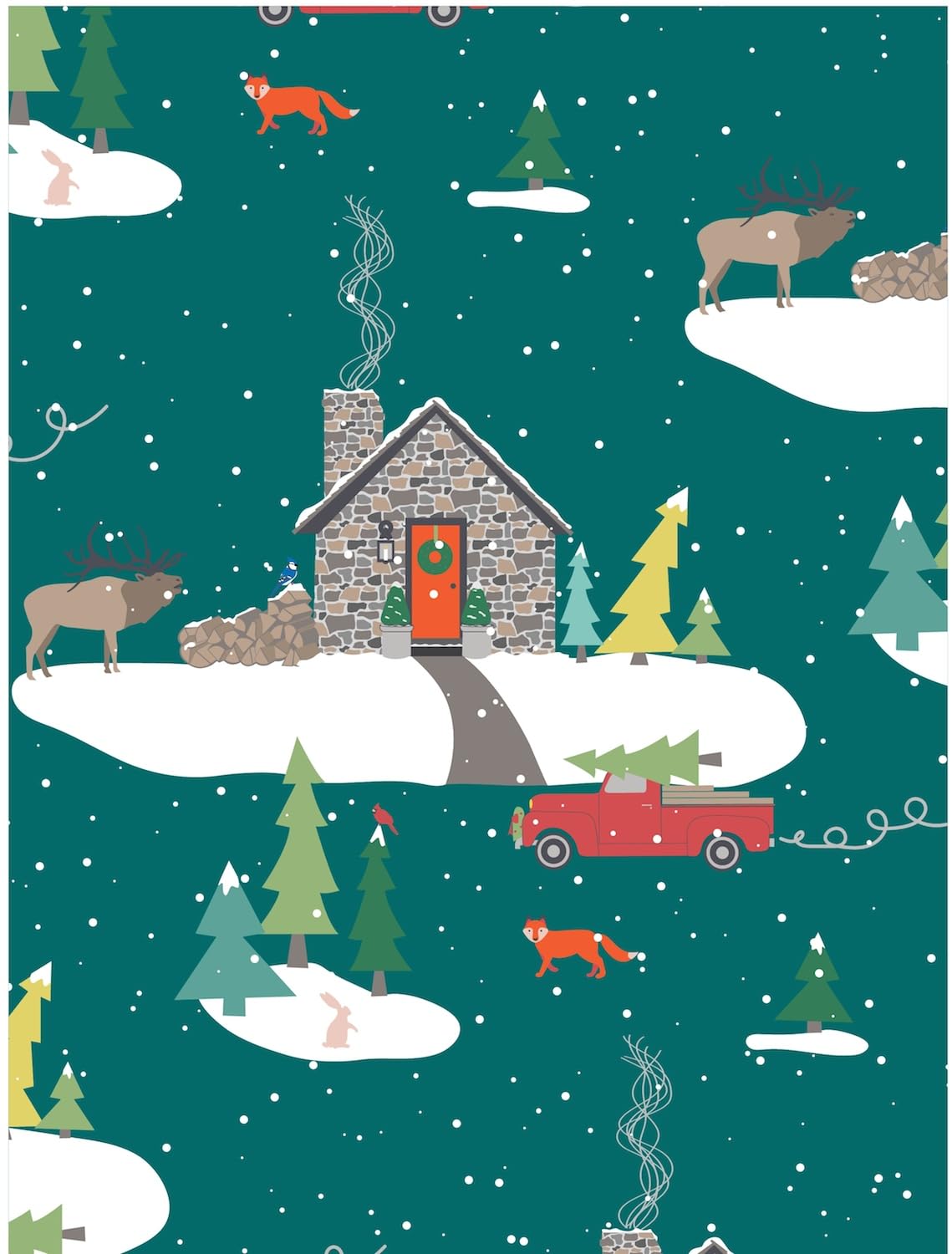 Stone Cabin Holiday Gift Wrap Paper - Six Flat Folded Sheets 19.5x27 Inches, Masculine Christmas Giftwrap with Hunting Cabin, Truck, Elk, Fox