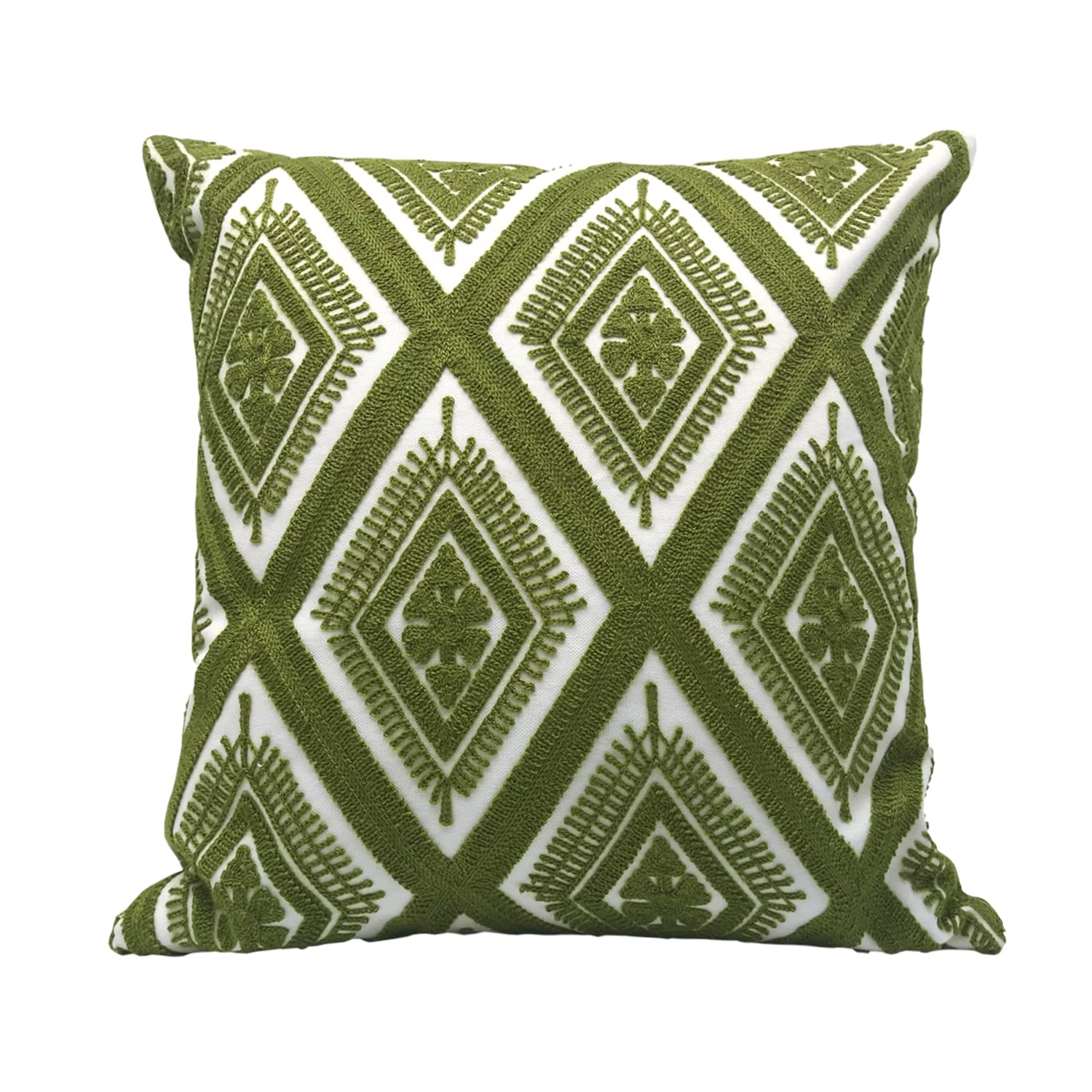 Alysheer Embroidered Decorative Throw Pillow Cover 18"x18", Boho Geometric Modern Thick Embroidery Pattern, Durable Cotton Canvas Soft Cushion Case for Sofa Couch Bed Living Room (Olive Green)