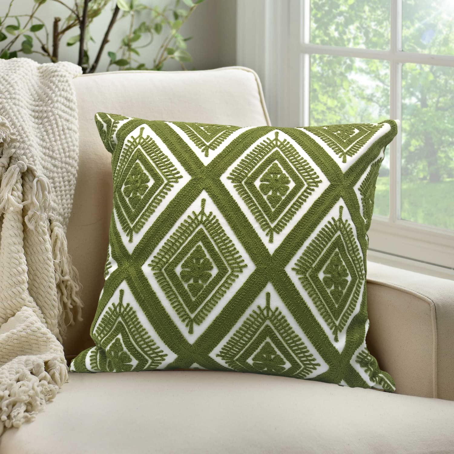 Alysheer Embroidered Decorative Throw Pillow Cover 18"x18", Boho Geometric Modern Thick Embroidery Pattern, Durable Cotton Canvas Soft Cushion Case for Sofa Couch Bed Living Room (Olive Green)