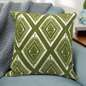 Alysheer Embroidered Decorative Throw Pillow Cover 18"x18", Boho Geometric Modern Thick Embroidery Pattern, Durable Cotton Canvas Soft Cushion Case for Sofa Couch Bed Living Room (Olive Green)