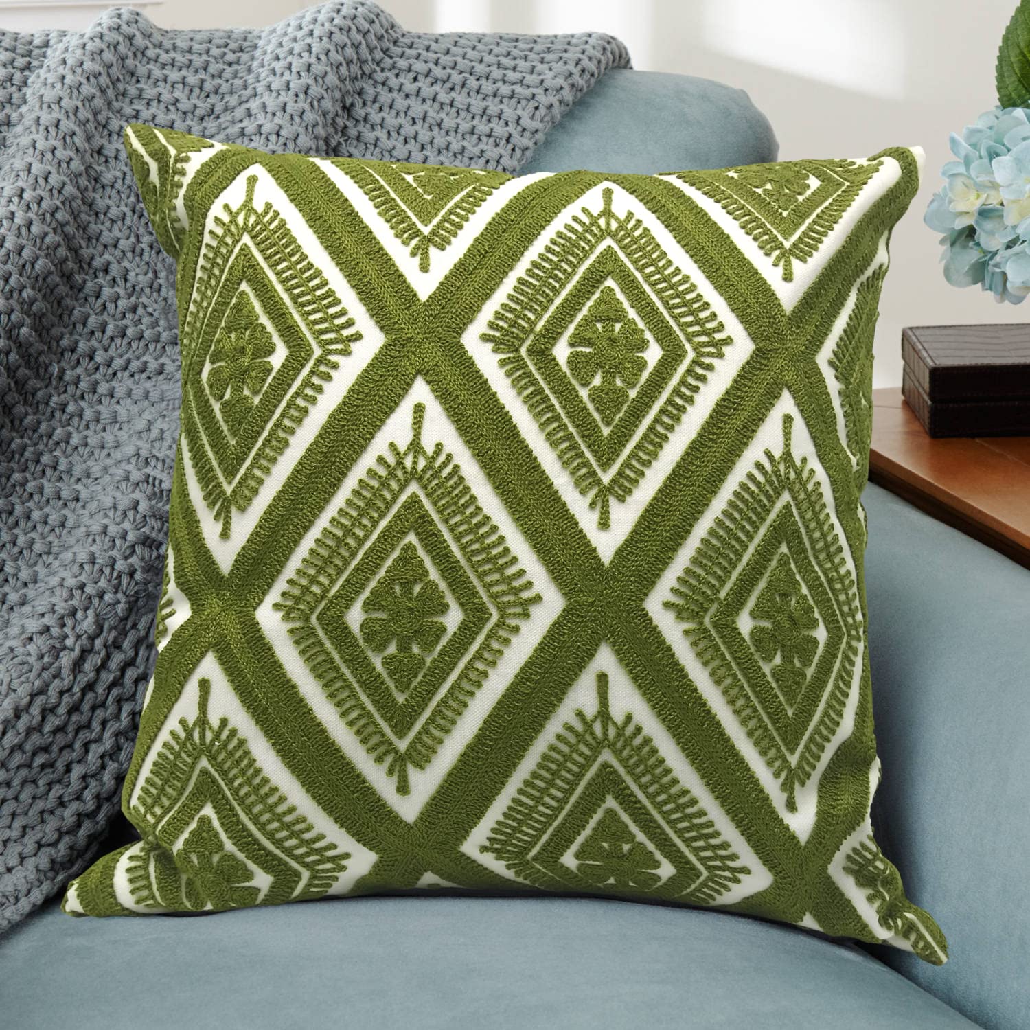 Alysheer Embroidered Decorative Throw Pillow Cover 18"x18", Boho Geometric Modern Thick Embroidery Pattern, Durable Cotton Canvas Soft Cushion Case for Sofa Couch Bed Living Room (Olive Green)