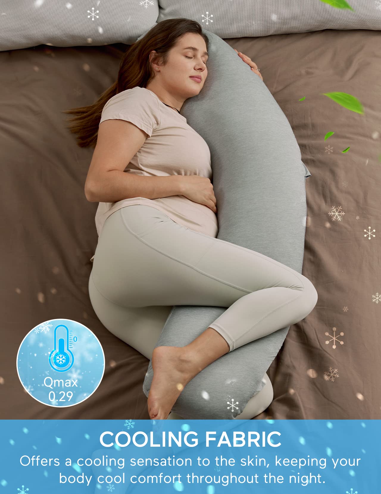 Momcozy Pregnancy Pillows with Cooling Cover, J Shaped Maternity Body Pillow for Pregnancy, Pregnancy Must Haves, Side Sleeper Pillow for Belly Hip Legs Support