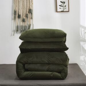 Houseri Velvet Olive Green Comforter Set King Fluffy Army Green Bedding Sets King Size Men Dark Green Micromink Sherpa Comforter Bedding Women Blackish Green Flannel Fuzzy Comforter Blanket Warm King