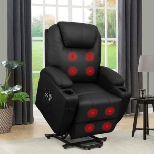 flamaker power lift recliner chair pu leather with massage for elderly ergonomic lounge chair classic single sofa with 2 cup holders side pockets home theater seat (light black)