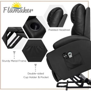 Flamaker Power Lift Recliner Chair PU Leather with Massage for Elderly Ergonomic Lounge Chair Classic Single Sofa with 2 Cup Holders Side Pockets Home Theater Seat (Light Black)