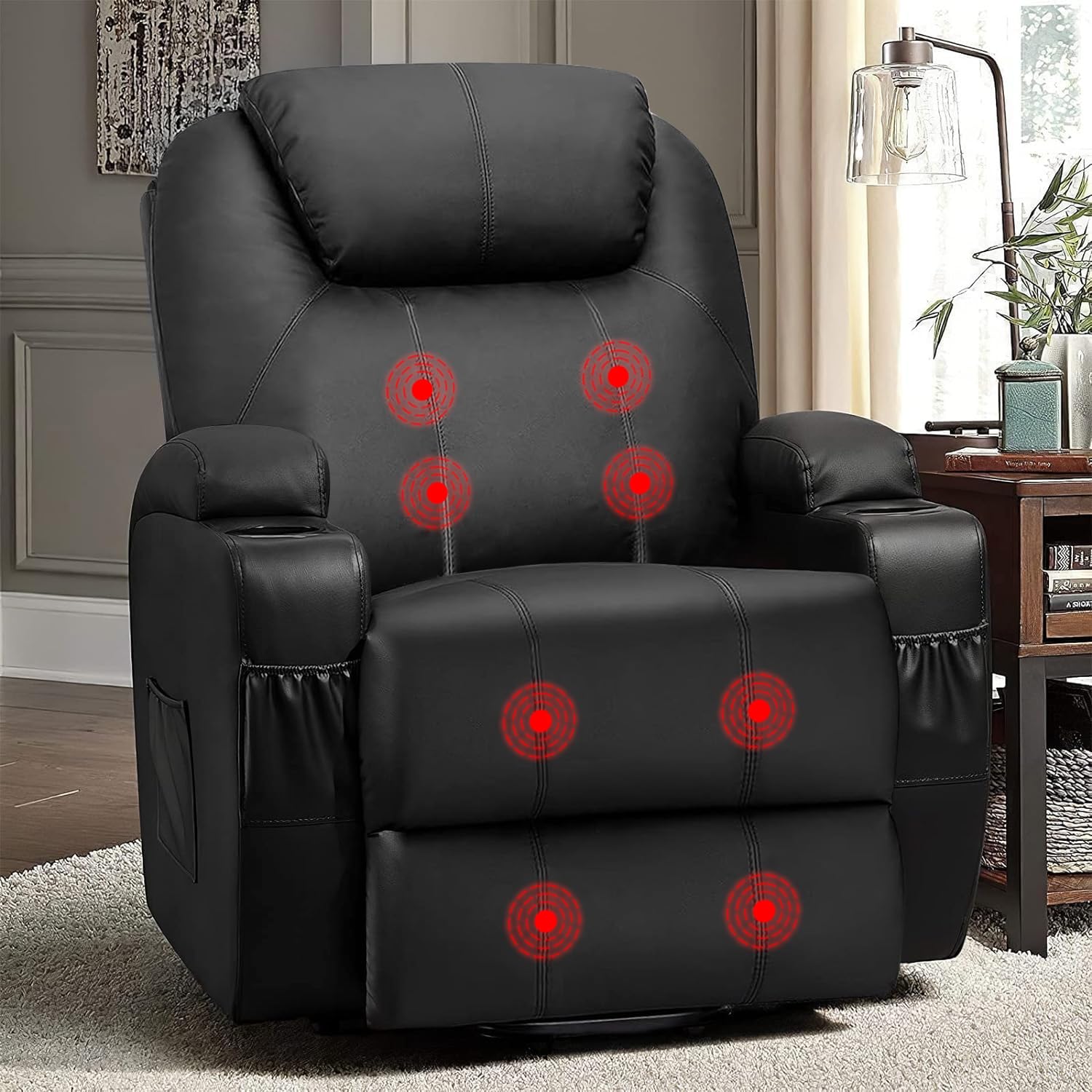 Flamaker Power Lift Recliner Chair PU Leather with Massage for Elderly Ergonomic Lounge Chair Classic Single Sofa with 2 Cup Holders Side Pockets Home Theater Seat (Light Black)