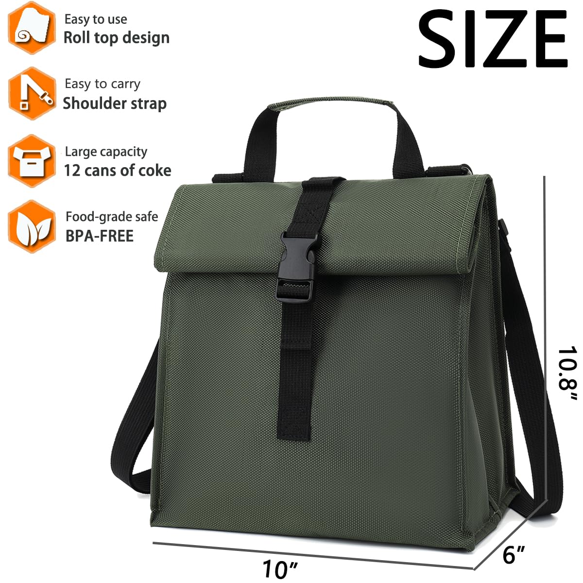 GYEUKHAM Insulated Lunch Bag for Men/Women/Kids, Roll top Reusable Lunch Box with Adjustable Shoulder Strap, Thermal Lunch Cooler Tote Container for Adults/Teens School Work Office Picnic,Army Green