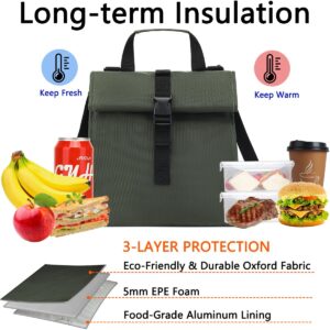 GYEUKHAM Insulated Lunch Bag for Men/Women/Kids, Roll top Reusable Lunch Box with Adjustable Shoulder Strap, Thermal Lunch Cooler Tote Container for Adults/Teens School Work Office Picnic,Army Green