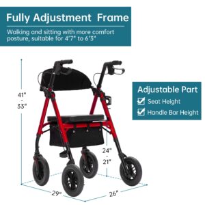 ELENKER All-Terrain Rollator Walker with 10” Non-Pneumatic Wheels, Sponge Padded Seat and Backrest, Fully Adjustment Frame for Seniors, Red