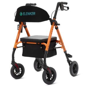 ELENKER All-Terrain Rollator Walker with 8” Non-Pneumatic Wheels, Sponge Padded Seat and Backrest, Fully Adjustment Frame for Seniors, Orange