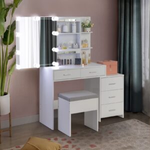 karl home lighted vanity desk with sliding mirror white makeup table with 5 drawers, storage shelves, cushioned stool, led dressing table set for women