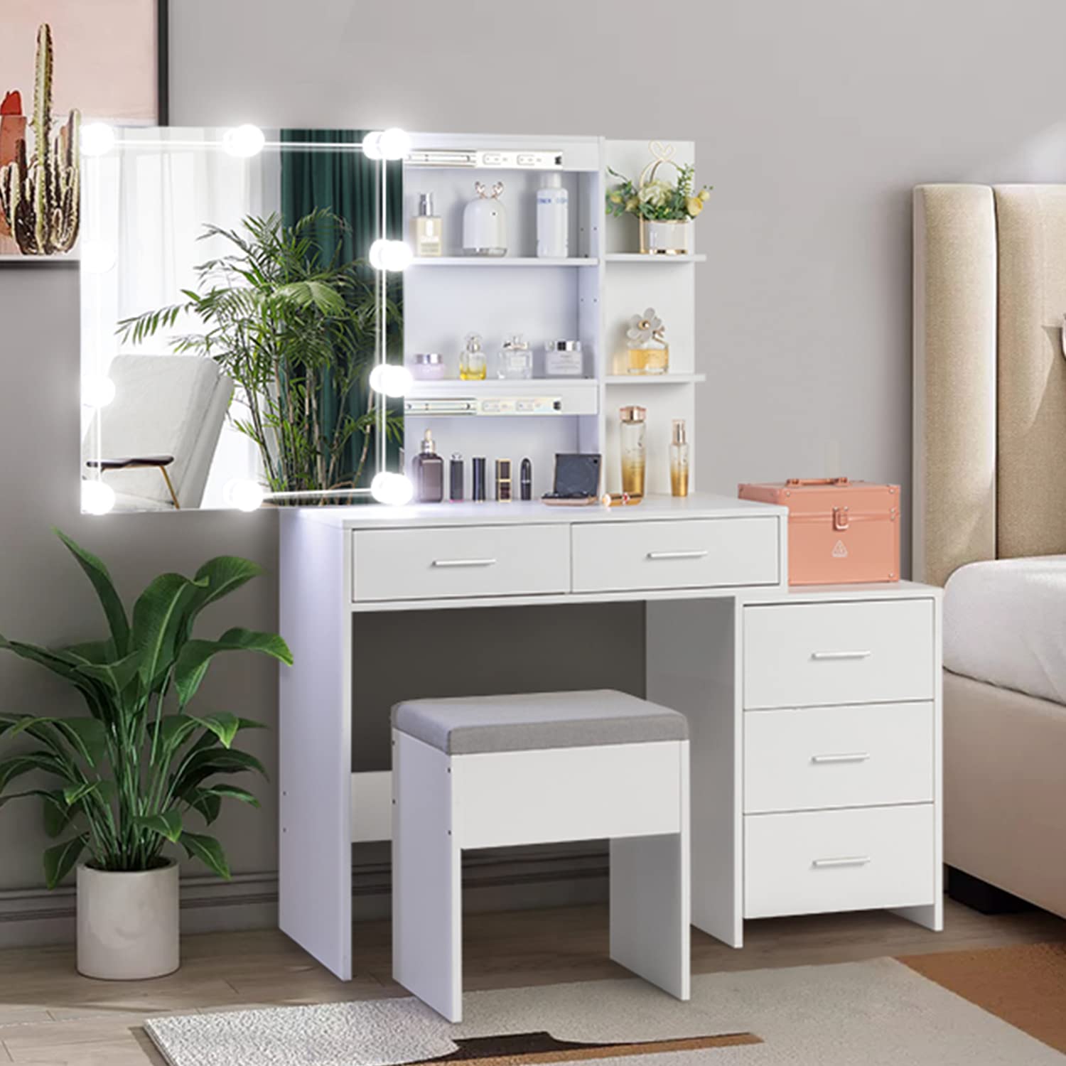 Karl home Lighted Vanity Desk with Sliding Mirror White Makeup Table with 5 Drawers, Storage Shelves, Cushioned Stool, LED Dressing Table Set for Women