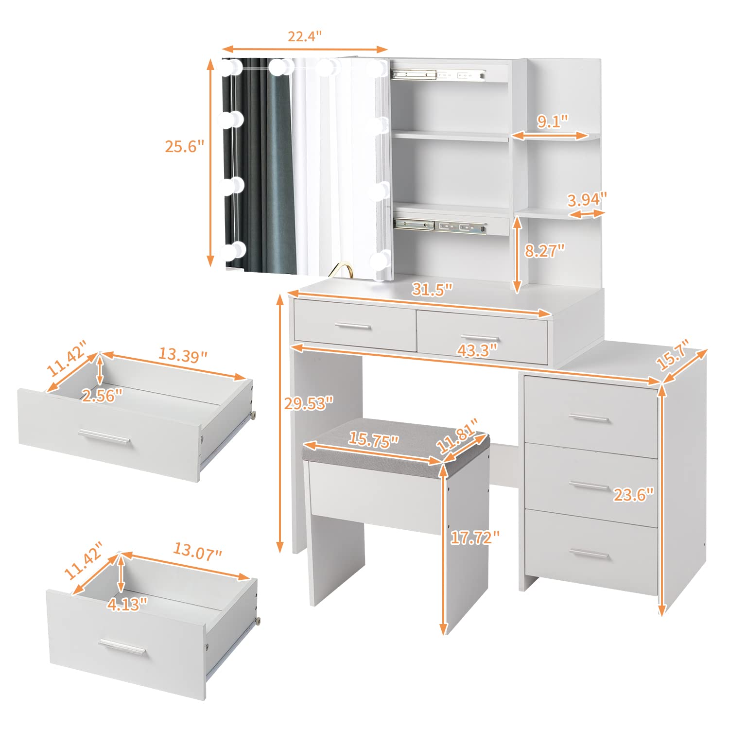 Karl home Lighted Vanity Desk with Sliding Mirror White Makeup Table with 5 Drawers, Storage Shelves, Cushioned Stool, LED Dressing Table Set for Women