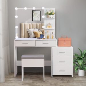 Karl home Lighted Vanity Desk with Sliding Mirror White Makeup Table with 5 Drawers, Storage Shelves, Cushioned Stool, LED Dressing Table Set for Women